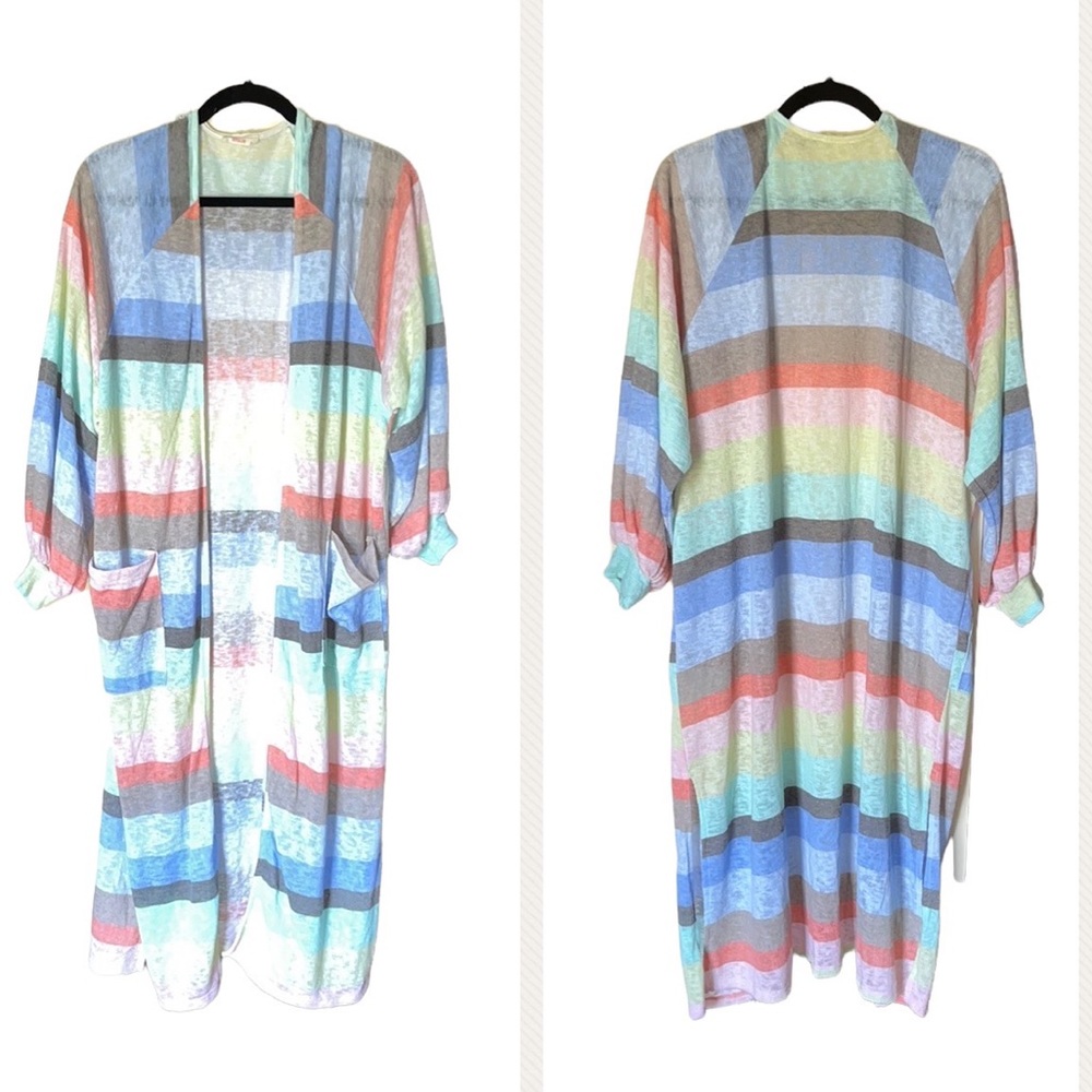 Summer Pastel Stripes Open Duster Maxi Cardigan Kimono (M)